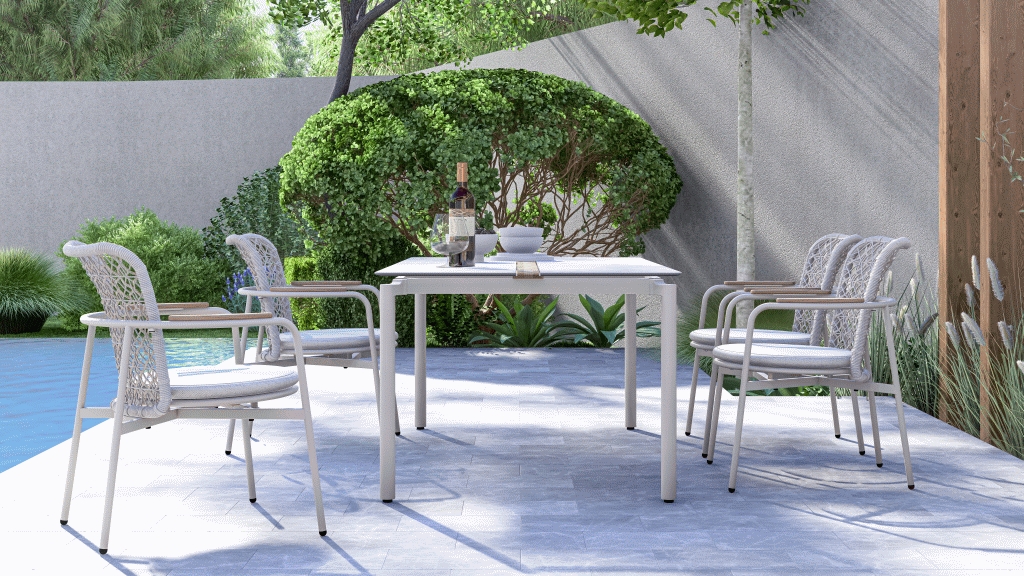 Ein Platz zum Genießen – die exquisite LIOX Dining Gruppe aus unserer Serie „greenline by ZEBRA“vereint Stil und Komfort unter freiem Himmel