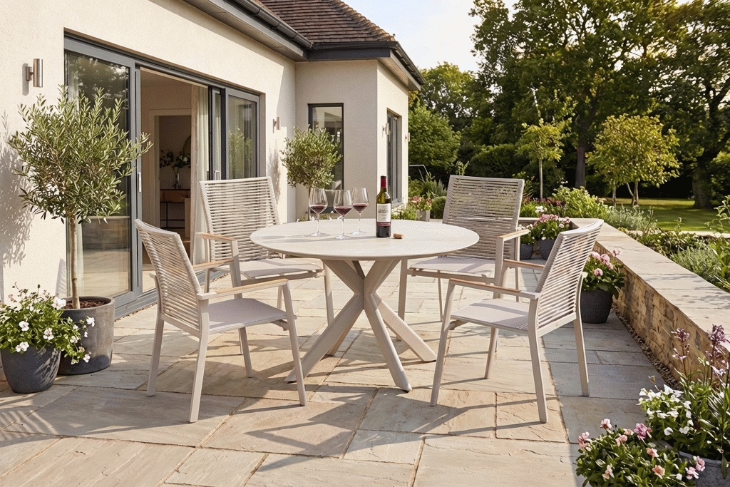 Rund, elegant, gesellig: Der MANTIS Tisch macht jede Terrasse zum Treffpunkt