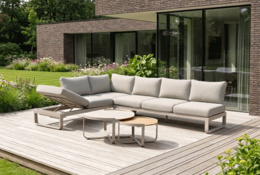 Modern, flexibel und elegant – die beliebte FLY Lounge ist ab sofort mit einem pulverbeschichteten Aluminiumgestell in light taupe und wasserabweisenden Kissen in der Farbe cashmir erhältlich.